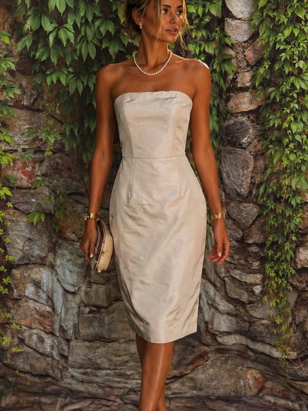 VINTAGE ISAAC MIZRAHI Champagne Silk Taffeta Strapless Dress, 4